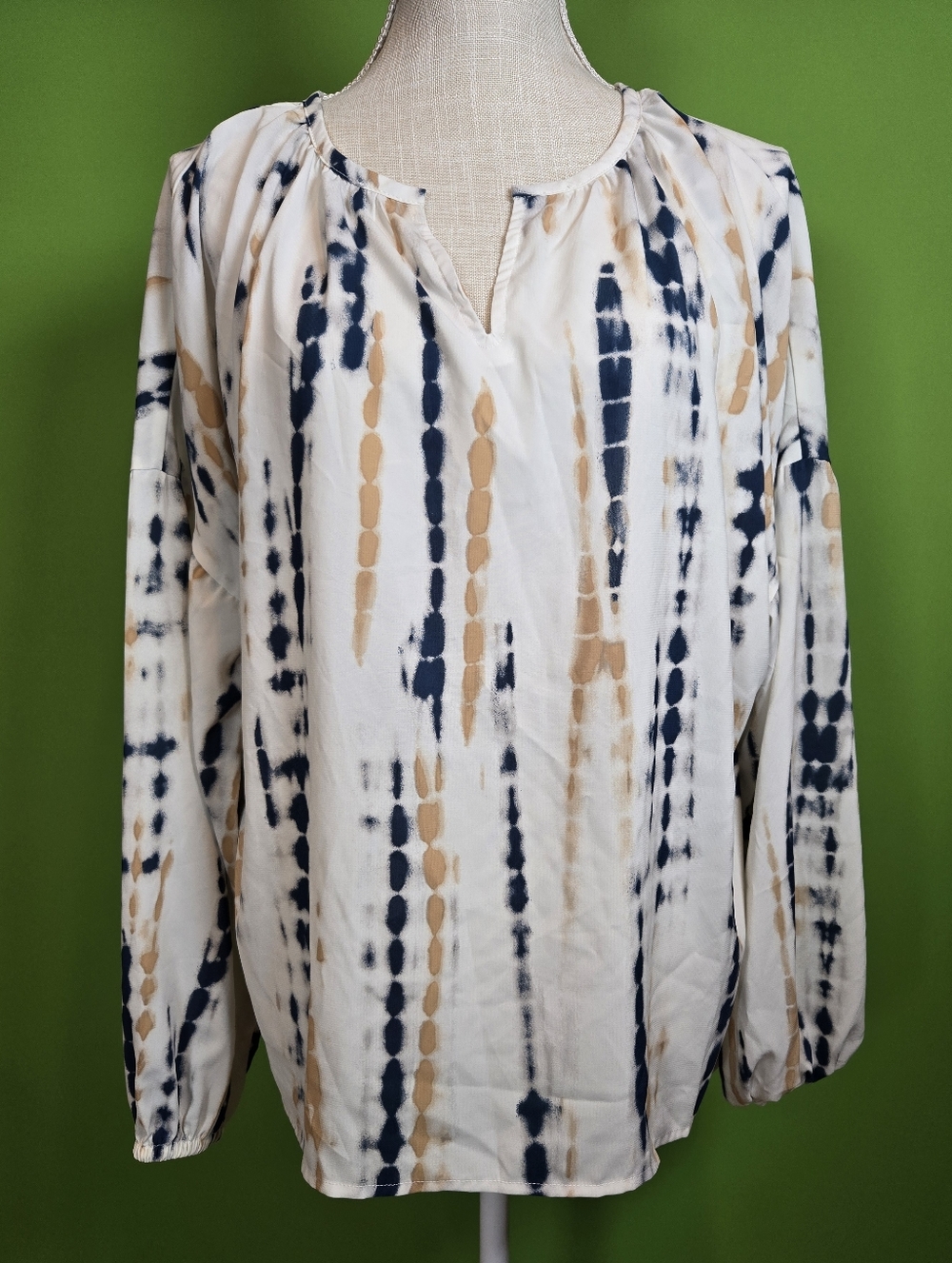 Women’s Long-Sleeve Tie-Dye Peasant Blouse - Cream with Navy & Tan Large